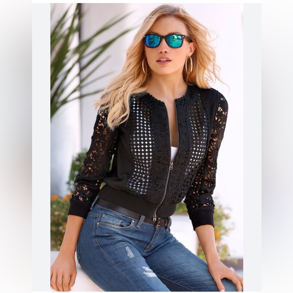 Boston Proper Black Lace Zip-Front Bomber Jacket